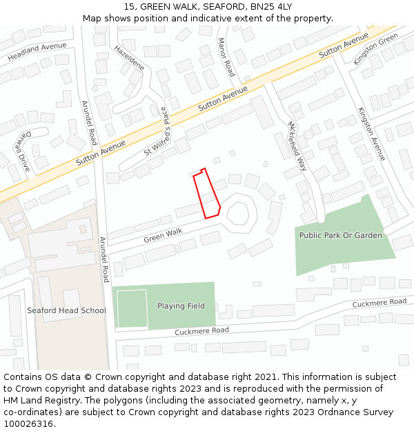 15, GREEN WALK, SEAFORD, BN25 4LY: Location map and indicative extent of plot