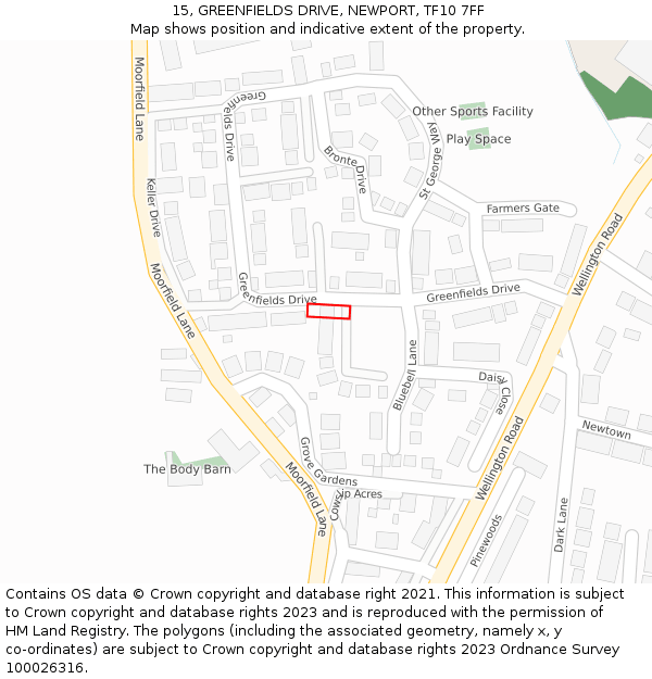15, GREENFIELDS DRIVE, NEWPORT, TF10 7FF: Location map and indicative extent of plot