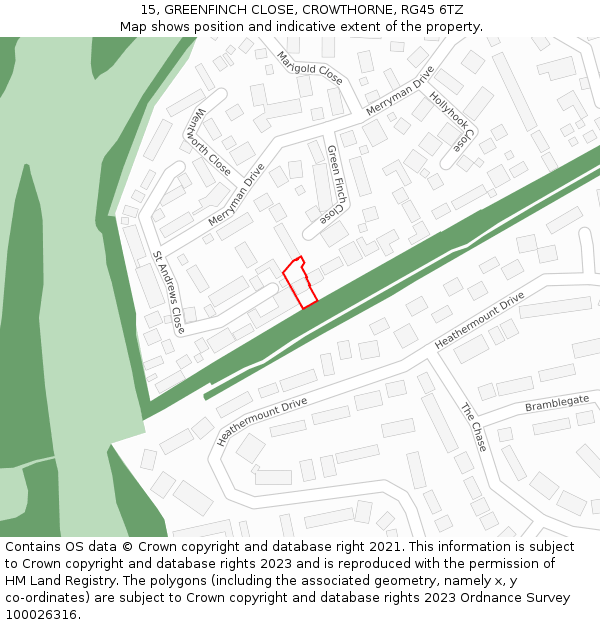 15, GREENFINCH CLOSE, CROWTHORNE, RG45 6TZ: Location map and indicative extent of plot