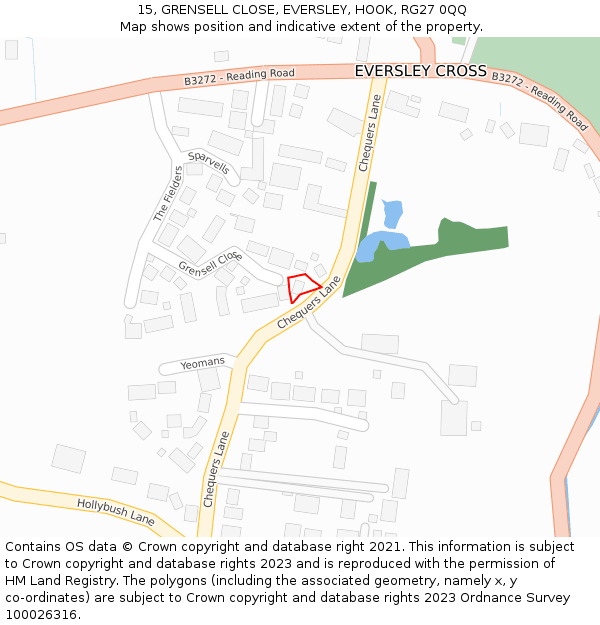 15, GRENSELL CLOSE, EVERSLEY, HOOK, RG27 0QQ: Location map and indicative extent of plot