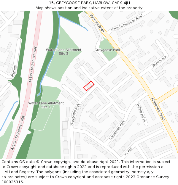 15, GREYGOOSE PARK, HARLOW, CM19 4JH: Location map and indicative extent of plot