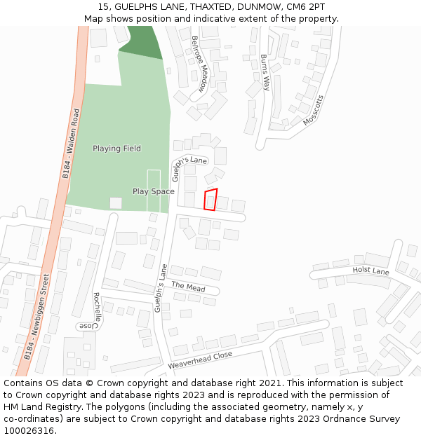 15, GUELPHS LANE, THAXTED, DUNMOW, CM6 2PT: Location map and indicative extent of plot