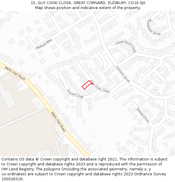 15, GUY COOK CLOSE, GREAT CORNARD, SUDBURY, CO10 0JX: Location map and indicative extent of plot