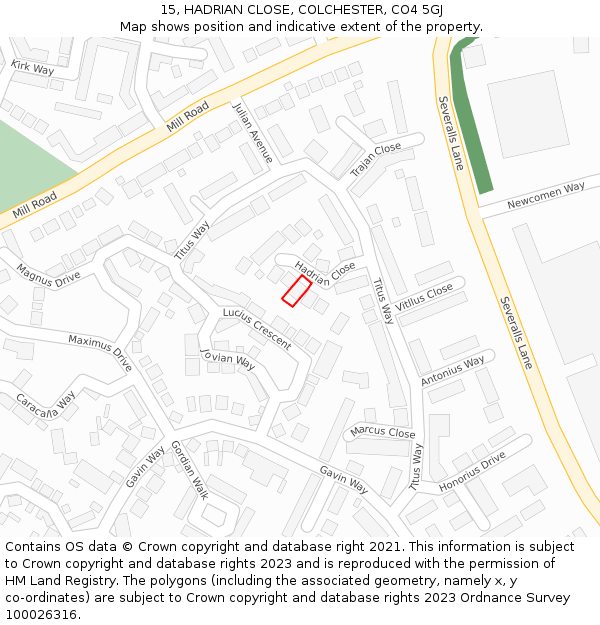 15, HADRIAN CLOSE, COLCHESTER, CO4 5GJ: Location map and indicative extent of plot