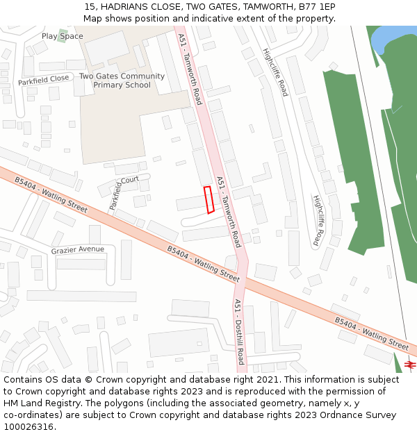 15, HADRIANS CLOSE, TWO GATES, TAMWORTH, B77 1EP: Location map and indicative extent of plot