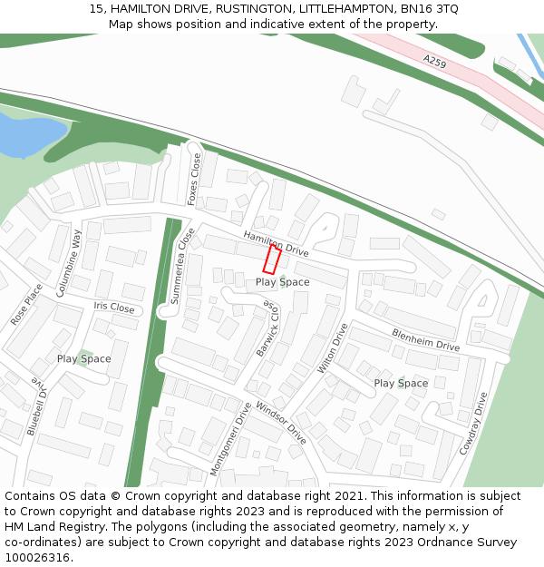 15, HAMILTON DRIVE, RUSTINGTON, LITTLEHAMPTON, BN16 3TQ: Location map and indicative extent of plot