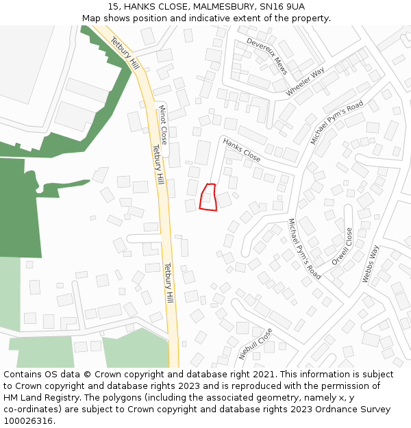 15, HANKS CLOSE, MALMESBURY, SN16 9UA: Location map and indicative extent of plot