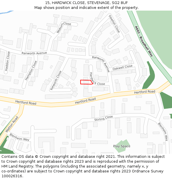 15, HARDWICK CLOSE, STEVENAGE, SG2 8UF: Location map and indicative extent of plot