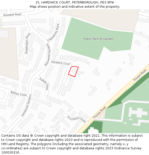 15, HARDWICK COURT, PETERBOROUGH, PE3 9PW: Location map and indicative extent of plot