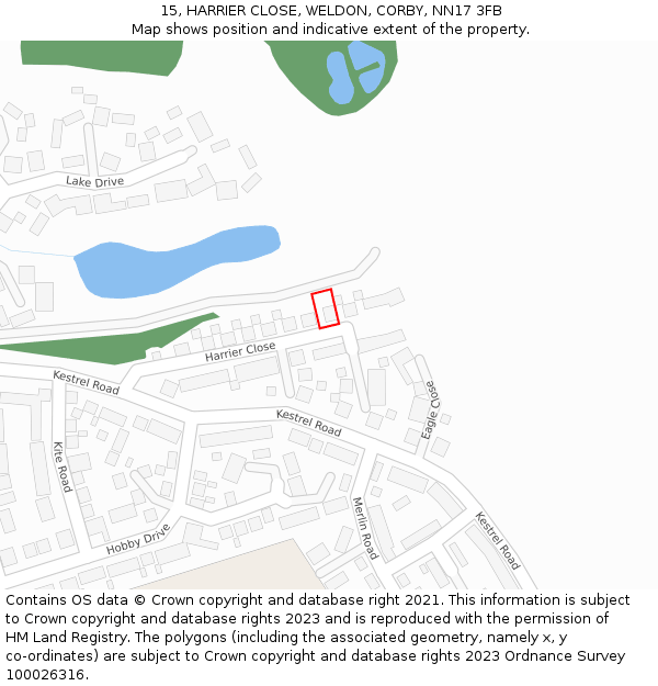 15, HARRIER CLOSE, WELDON, CORBY, NN17 3FB: Location map and indicative extent of plot
