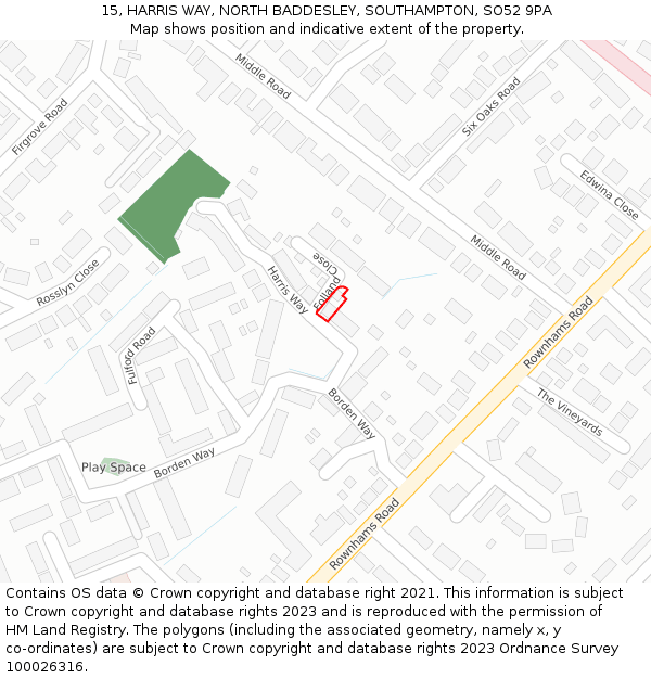 15, HARRIS WAY, NORTH BADDESLEY, SOUTHAMPTON, SO52 9PA: Location map and indicative extent of plot