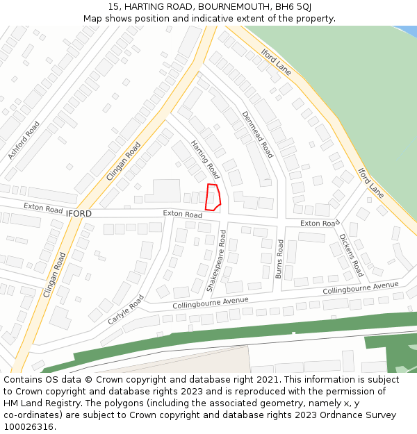 15, HARTING ROAD, BOURNEMOUTH, BH6 5QJ: Location map and indicative extent of plot