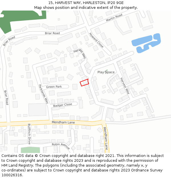 15, HARVEST WAY, HARLESTON, IP20 9GE: Location map and indicative extent of plot