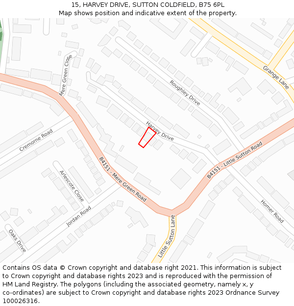 15, HARVEY DRIVE, SUTTON COLDFIELD, B75 6PL: Location map and indicative extent of plot