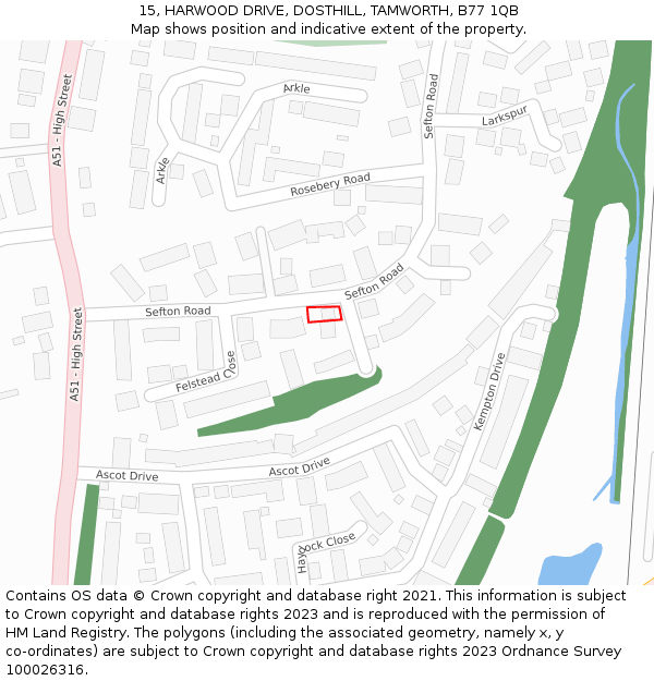 15, HARWOOD DRIVE, DOSTHILL, TAMWORTH, B77 1QB: Location map and indicative extent of plot