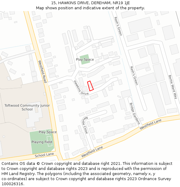 15, HAWKINS DRIVE, DEREHAM, NR19 1JE: Location map and indicative extent of plot