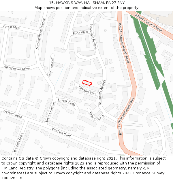 15, HAWKINS WAY, HAILSHAM, BN27 3NY: Location map and indicative extent of plot