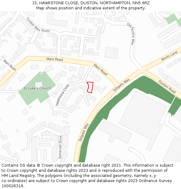 15, HAWKSTONE CLOSE, DUSTON, NORTHAMPTON, NN5 6RZ: Location map and indicative extent of plot