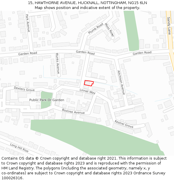 15, HAWTHORNE AVENUE, HUCKNALL, NOTTINGHAM, NG15 6LN: Location map and indicative extent of plot