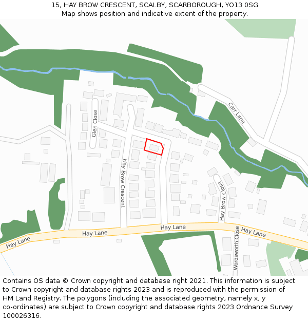 15, HAY BROW CRESCENT, SCALBY, SCARBOROUGH, YO13 0SG: Location map and indicative extent of plot