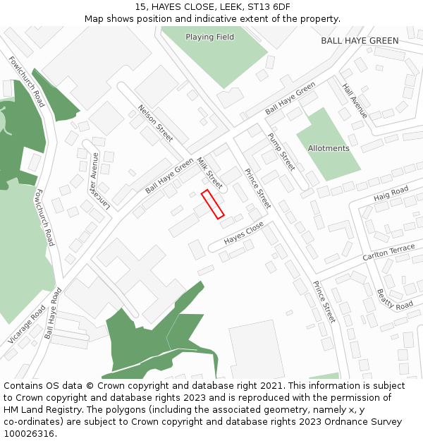 15, HAYES CLOSE, LEEK, ST13 6DF: Location map and indicative extent of plot
