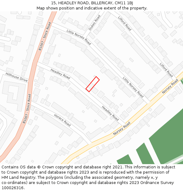 15, HEADLEY ROAD, BILLERICAY, CM11 1BJ: Location map and indicative extent of plot