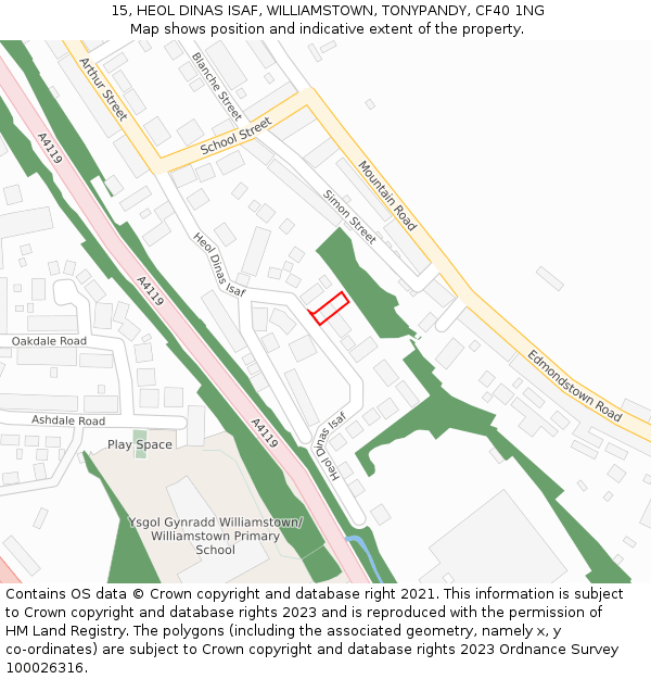 15, HEOL DINAS ISAF, WILLIAMSTOWN, TONYPANDY, CF40 1NG: Location map and indicative extent of plot