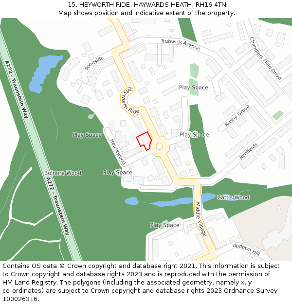 15, HEYWORTH RIDE, HAYWARDS HEATH, RH16 4TN: Location map and indicative extent of plot