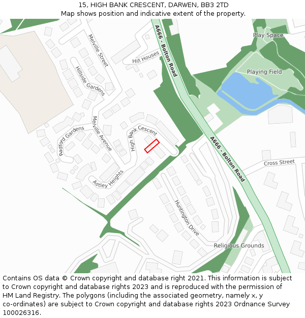 15, HIGH BANK CRESCENT, DARWEN, BB3 2TD: Location map and indicative extent of plot