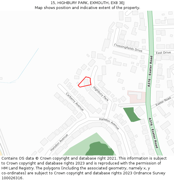 15, HIGHBURY PARK, EXMOUTH, EX8 3EJ: Location map and indicative extent of plot