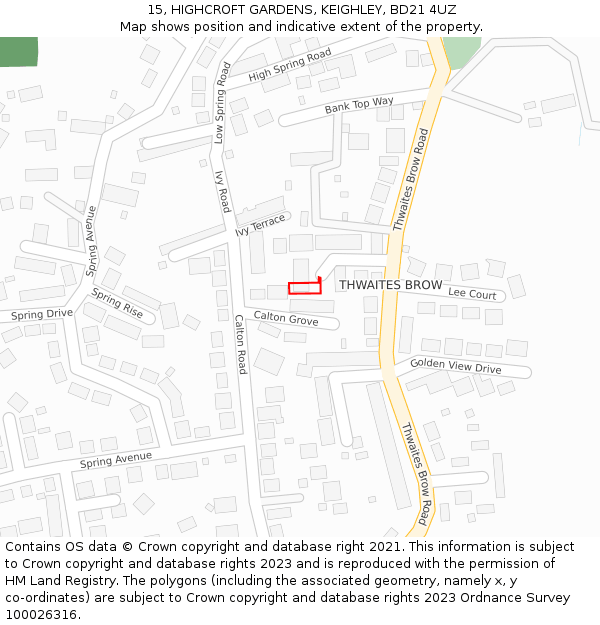 15, HIGHCROFT GARDENS, KEIGHLEY, BD21 4UZ: Location map and indicative extent of plot