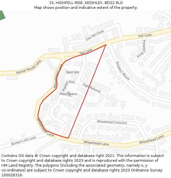 15, HIGHFELL RISE, KEIGHLEY, BD22 6LG: Location map and indicative extent of plot