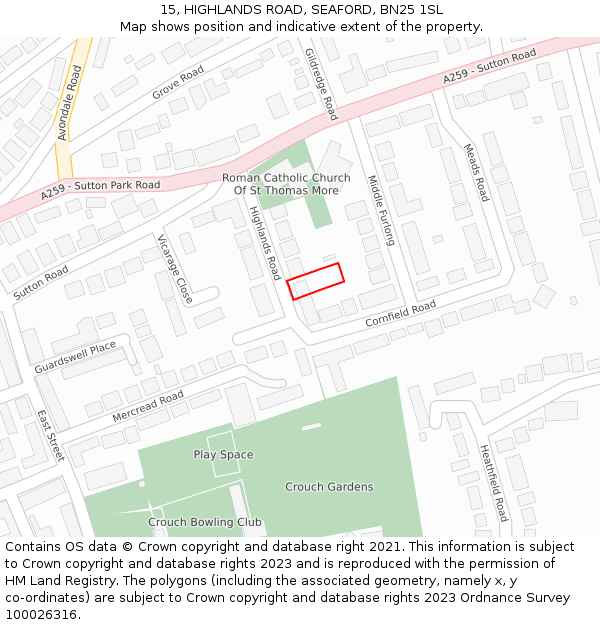 15, HIGHLANDS ROAD, SEAFORD, BN25 1SL: Location map and indicative extent of plot