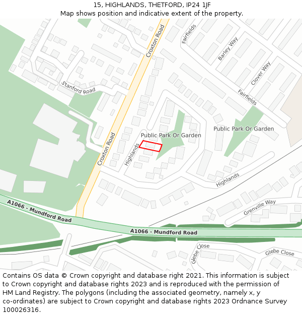15, HIGHLANDS, THETFORD, IP24 1JF: Location map and indicative extent of plot