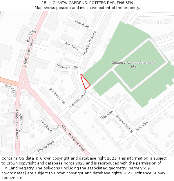 15, HIGHVIEW GARDENS, POTTERS BAR, EN6 5PN: Location map and indicative extent of plot