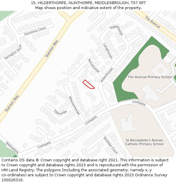 15, HILDERTHORPE, NUNTHORPE, MIDDLESBROUGH, TS7 0PT: Location map and indicative extent of plot