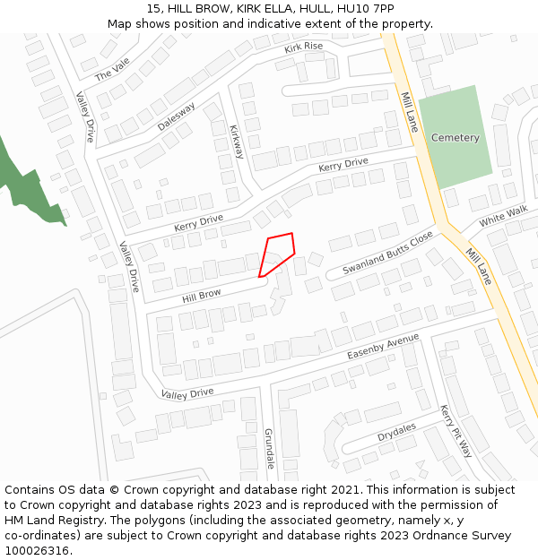 15, HILL BROW, KIRK ELLA, HULL, HU10 7PP: Location map and indicative extent of plot
