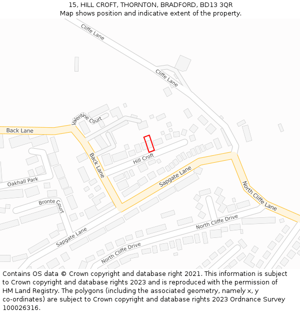 15, HILL CROFT, THORNTON, BRADFORD, BD13 3QR: Location map and indicative extent of plot
