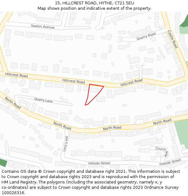 15, HILLCREST ROAD, HYTHE, CT21 5EU: Location map and indicative extent of plot