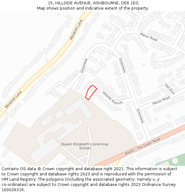 15, HILLSIDE AVENUE, ASHBOURNE, DE6 1EG: Location map and indicative extent of plot