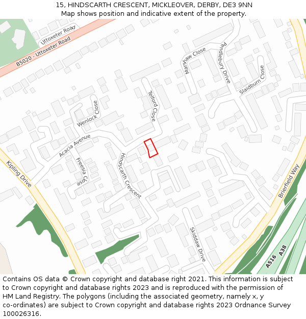15, HINDSCARTH CRESCENT, MICKLEOVER, DERBY, DE3 9NN: Location map and indicative extent of plot