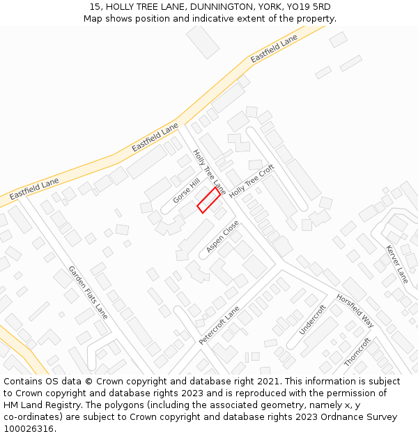 15, HOLLY TREE LANE, DUNNINGTON, YORK, YO19 5RD: Location map and indicative extent of plot