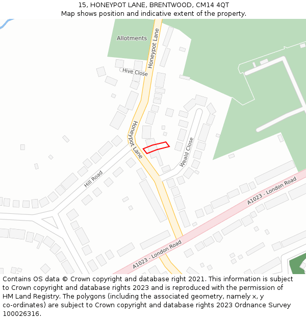 15, HONEYPOT LANE, BRENTWOOD, CM14 4QT: Location map and indicative extent of plot