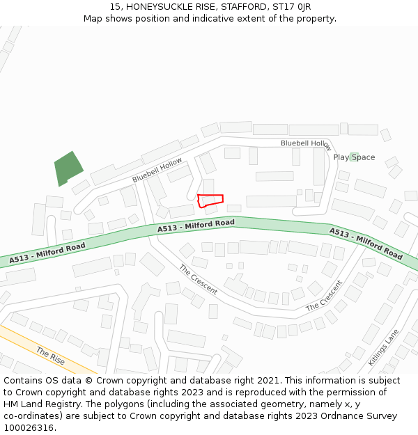15, HONEYSUCKLE RISE, STAFFORD, ST17 0JR: Location map and indicative extent of plot