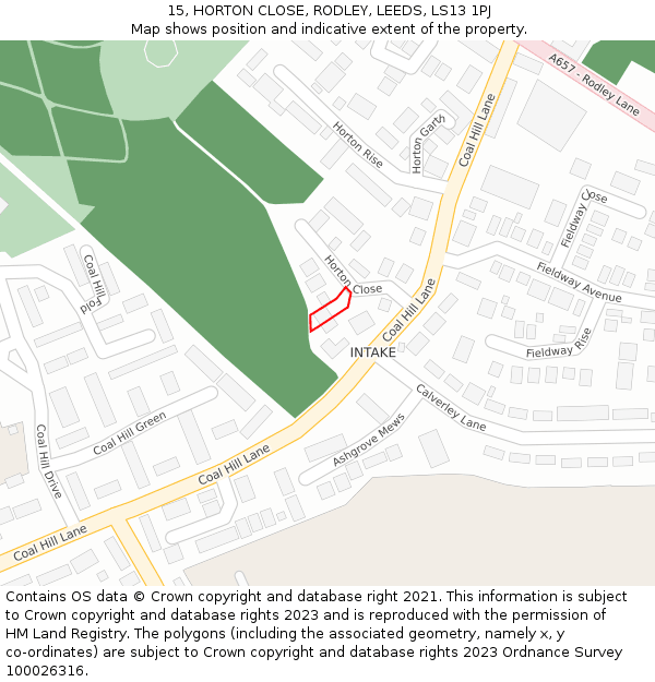 15, HORTON CLOSE, RODLEY, LEEDS, LS13 1PJ: Location map and indicative extent of plot