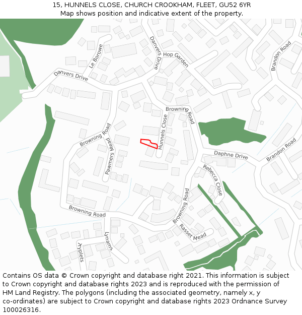 15, HUNNELS CLOSE, CHURCH CROOKHAM, FLEET, GU52 6YR: Location map and indicative extent of plot