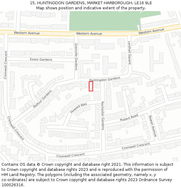 15, HUNTINGDON GARDENS, MARKET HARBOROUGH, LE16 9LE: Location map and indicative extent of plot
