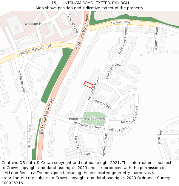15, HUNTSHAM ROAD, EXETER, EX1 3GH: Location map and indicative extent of plot