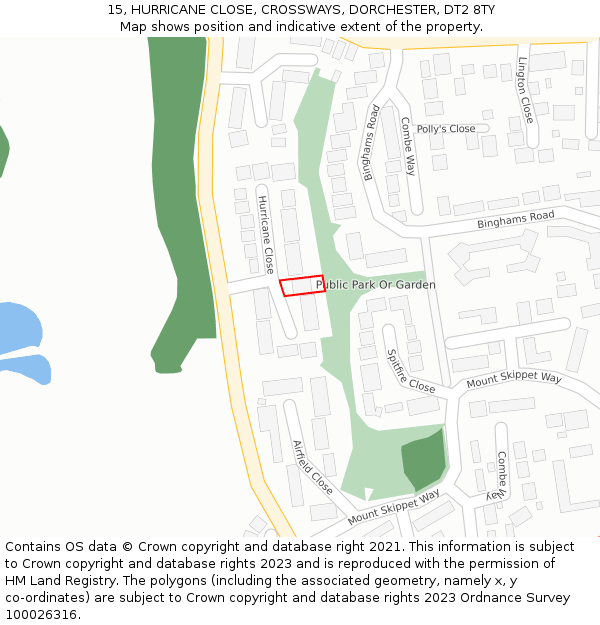 15, HURRICANE CLOSE, CROSSWAYS, DORCHESTER, DT2 8TY: Location map and indicative extent of plot