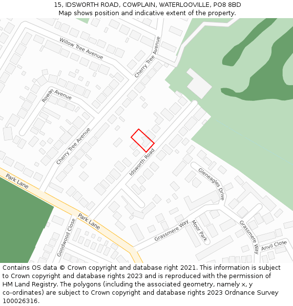 15, IDSWORTH ROAD, COWPLAIN, WATERLOOVILLE, PO8 8BD: Location map and indicative extent of plot